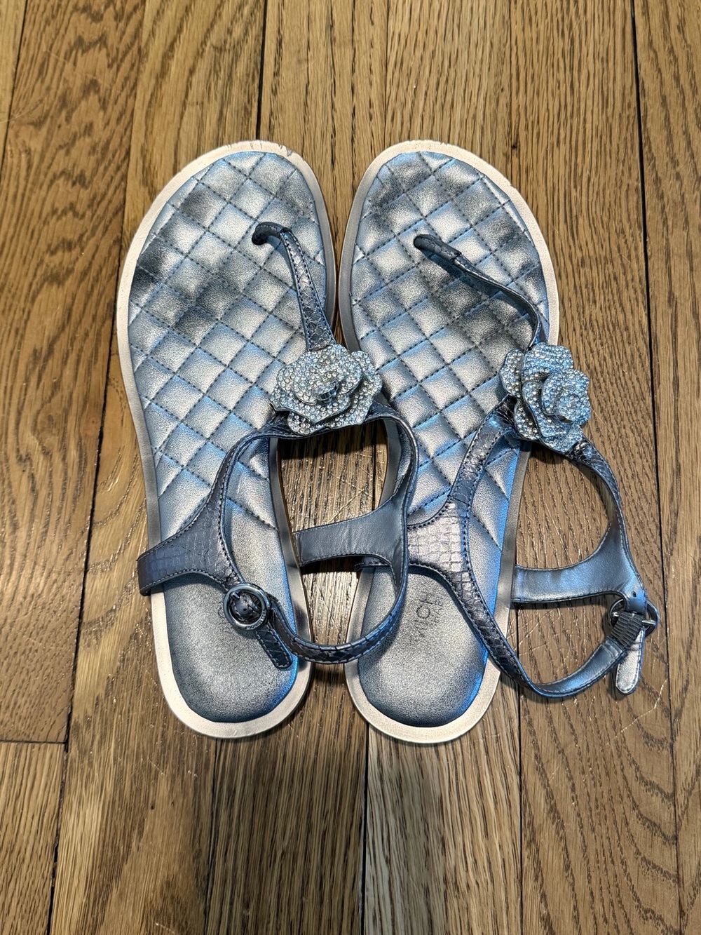 Women’s Silver Flower T-Strap Sandal